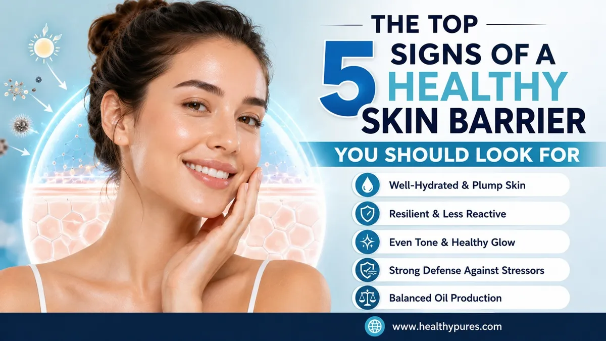 The top five signs of a healthy skin barrier, including smooth texture, hydration, calm skin, recovery, and healthy appearance