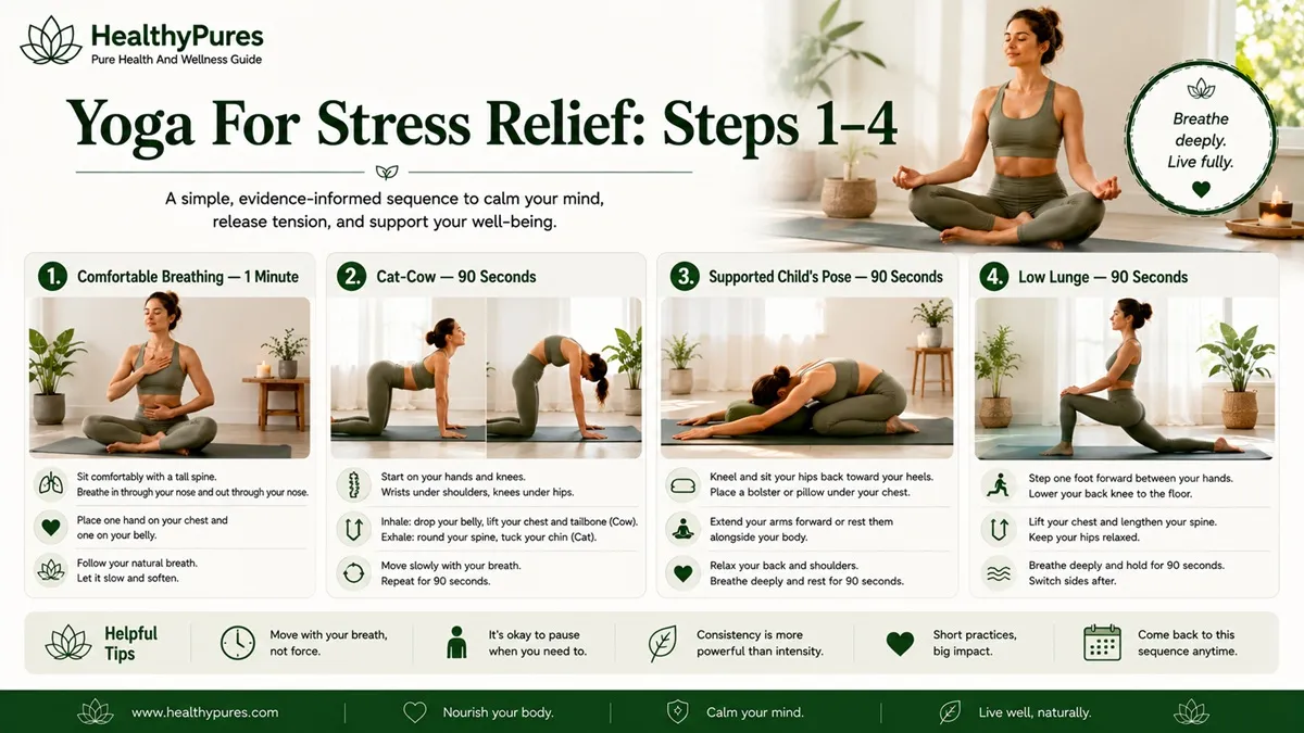 Yoga For Stress Relief: 10-Minute Routine At Home 5 Yoga For Stress Relief Steps 1–4