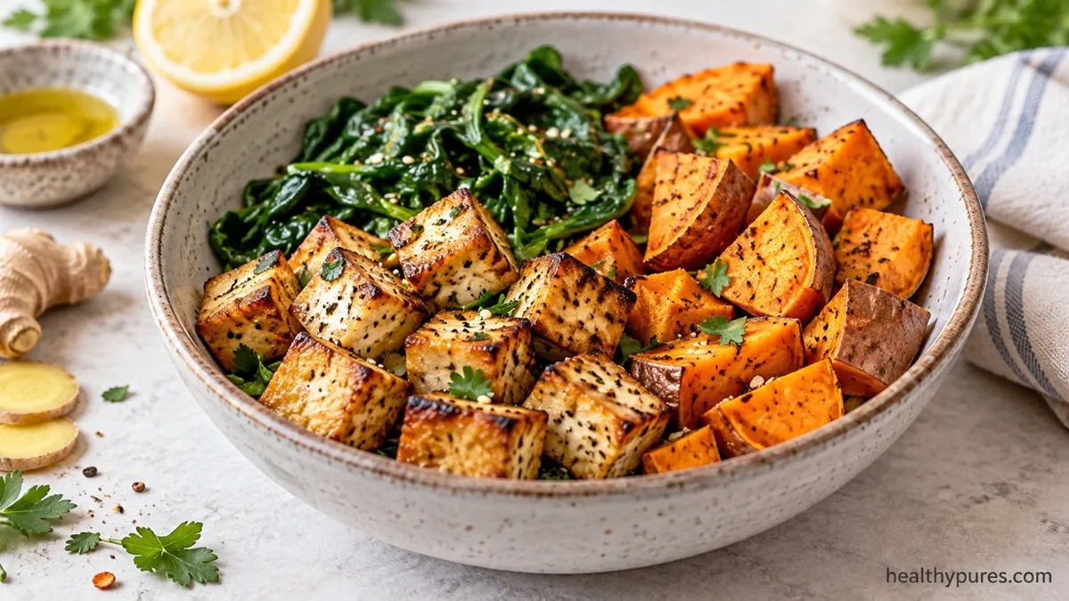 Tofu, Spinach, and Sweet Potato Bowl